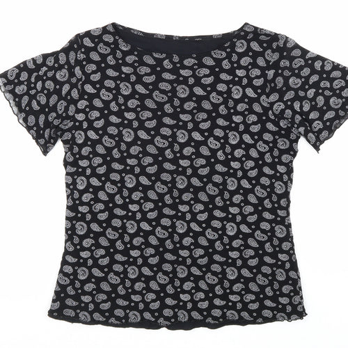 Preworn Womens Black Paisley Nylon Basic T-Shirt Size M Boat Neck