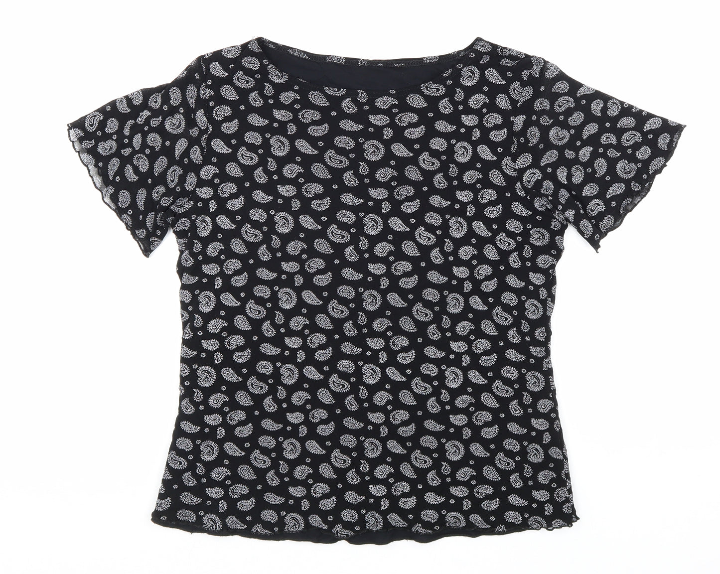 Preworn Womens Black Paisley Nylon Basic T-Shirt Size M Boat Neck
