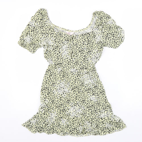 Miss Selfridge Womens Yellow Animal Print Viscose Fit & Flare Size 6 Round Neck Drawstring - Leopard Pattern