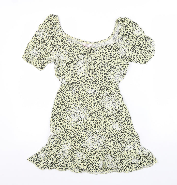 Miss Selfridge Womens Yellow Animal Print Viscose Fit & Flare Size 6 Round Neck Drawstring - Leopard Pattern