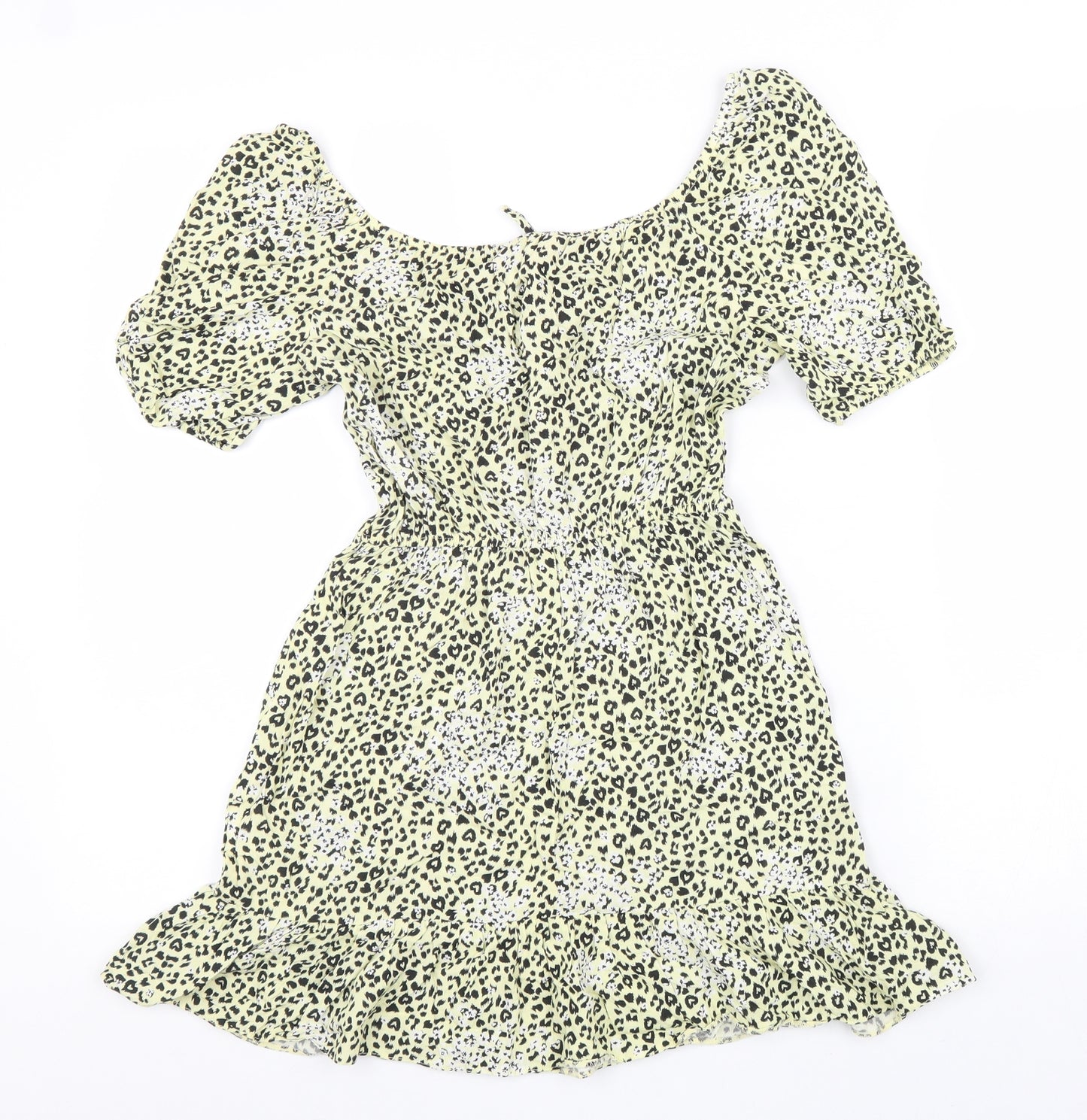 Miss Selfridge Womens Yellow Animal Print Viscose Fit & Flare Size 6 Round Neck Drawstring - Leopard Pattern