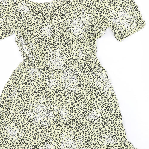 Miss Selfridge Womens Yellow Animal Print Viscose Fit & Flare Size 6 Round Neck Drawstring - Leopard Pattern