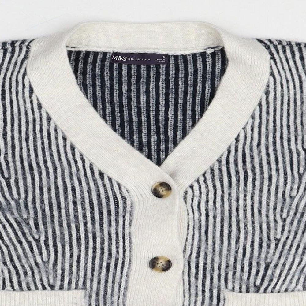 Marks and Spencer Womens Grey V-Neck Striped Acrylic Cardigan Jumper Size S