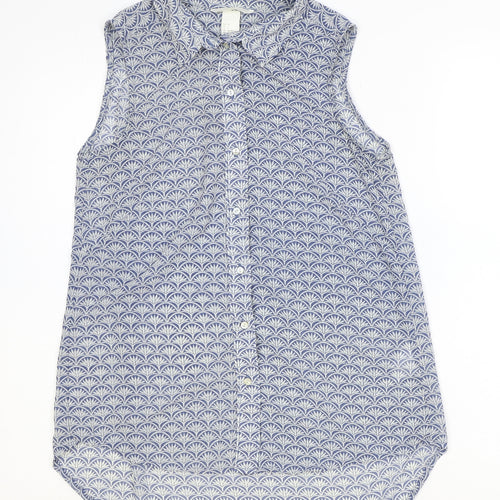 H&M Womens Blue Geometric Polyester Basic Button-Up Size 8 Collared