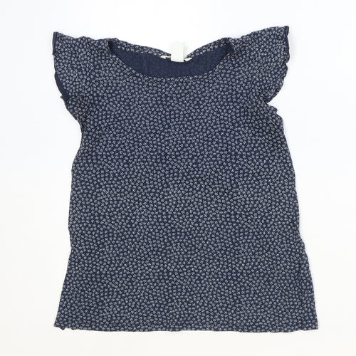 H&M Womens Blue Floral Viscose Basic T-Shirt Size XS Boat Neck