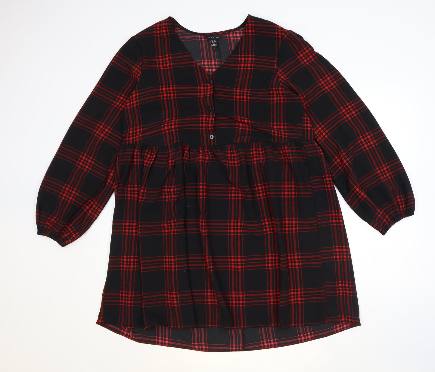 New Look Womens Black Plaid Polyester Trapeze & Swing Size 14 V-Neck Button