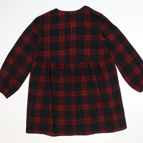 New Look Womens Black Plaid Polyester Trapeze & Swing Size 14 V-Neck Button