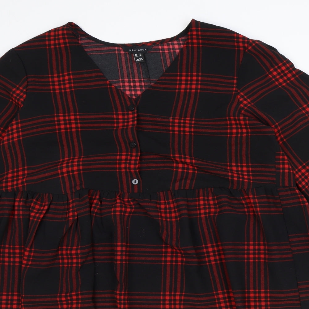 New Look Womens Black Plaid Polyester Trapeze & Swing Size 14 V-Neck Button