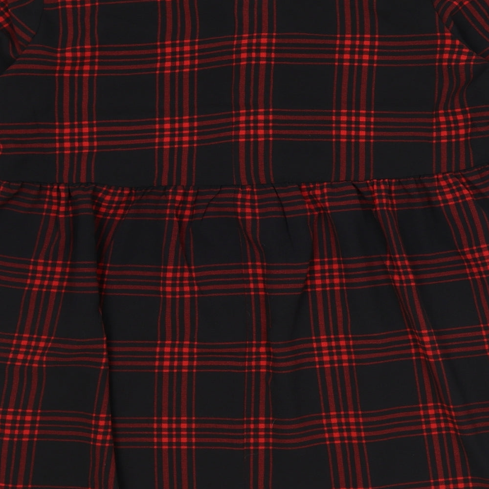 New Look Womens Black Plaid Polyester Trapeze & Swing Size 14 V-Neck Button