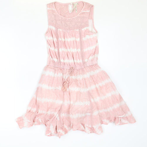 NEXT Girls Pink Tie Dye 100% Cotton Fit & Flare Size 10 Years Boat Neck Button - Crocheted Lace Detail