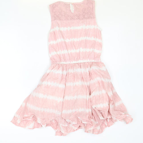 NEXT Girls Pink Tie Dye 100% Cotton Fit & Flare Size 10 Years Boat Neck Button - Crocheted Lace Detail