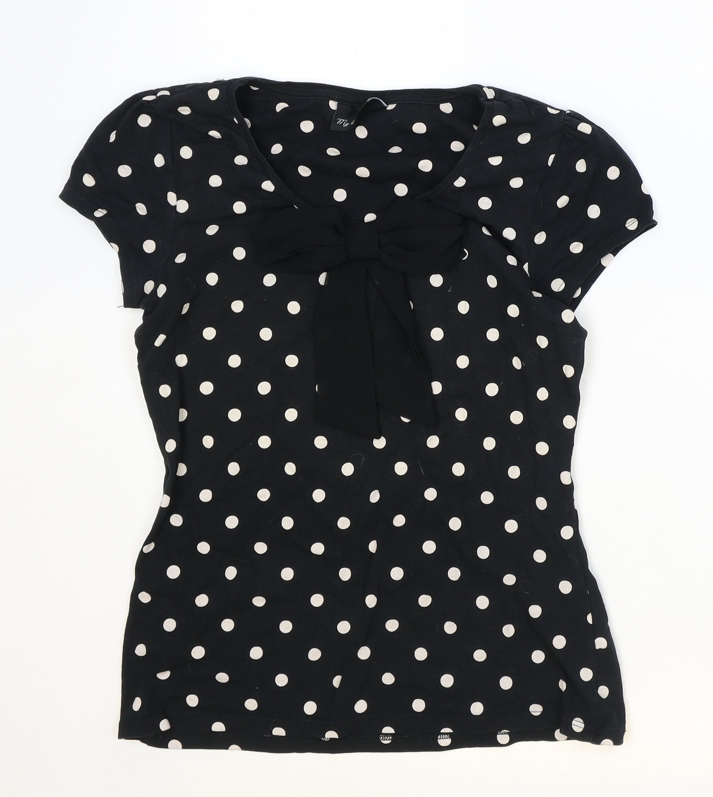 NEXT Womens Black Polka Dot Cotton Basic T-Shirt Size 12 Scoop Neck