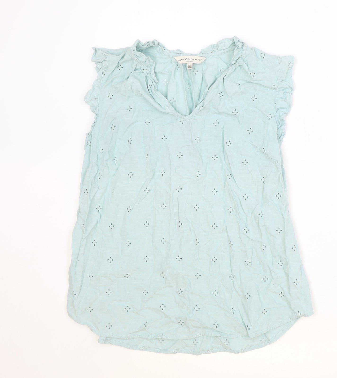 F&F Womens Blue Viscose Basic Tank Size 14 V-Neck - Broderie Anglaise