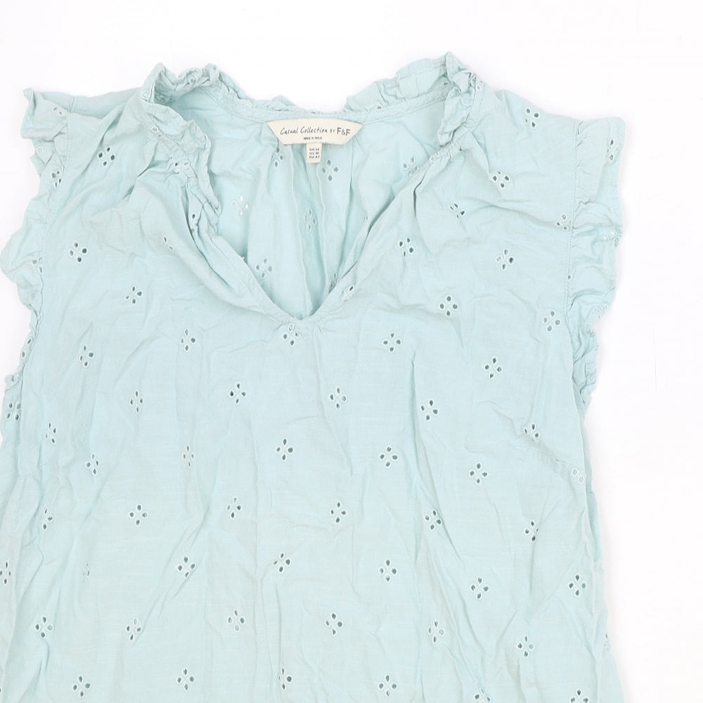 F&F Womens Blue Viscose Basic Tank Size 14 V-Neck - Broderie Anglaise
