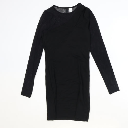 H&M Womens Black Herringbone Polyester A-Line Size 8 Round Neck Pullover