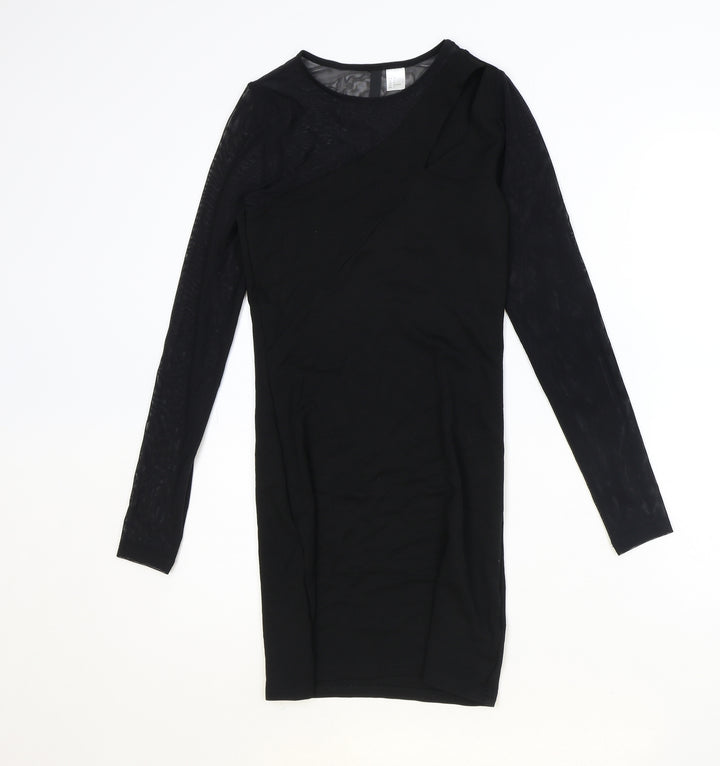 H&M Womens Black Herringbone Polyester A-Line Size 8 Round Neck Pullover