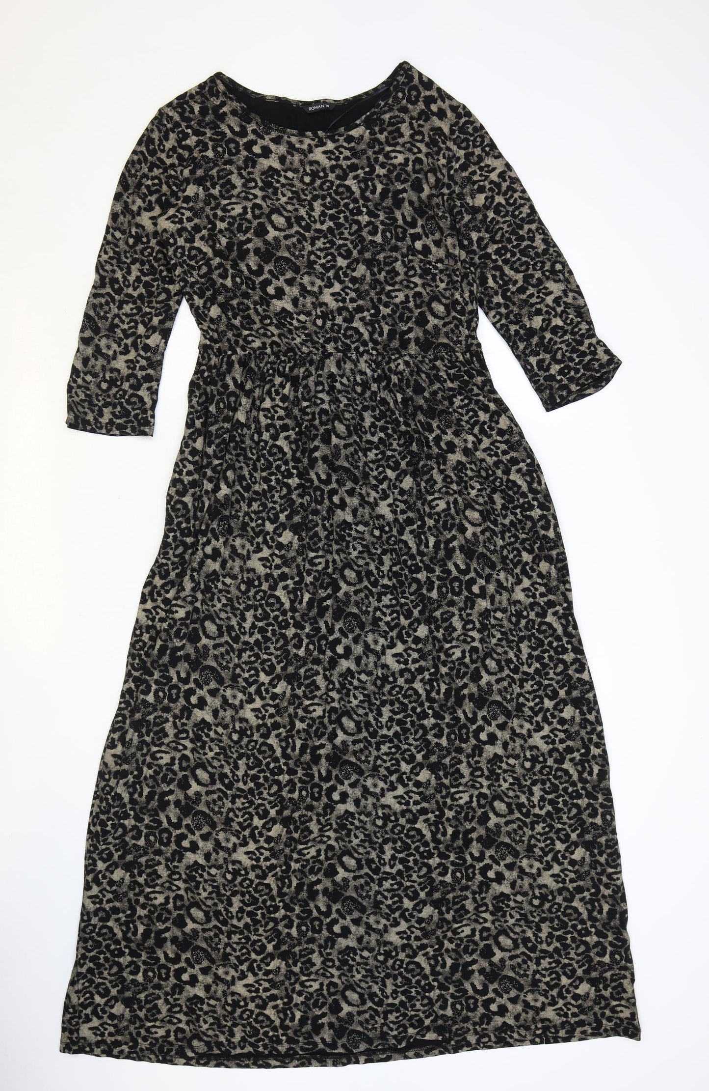 Roman Womens Brown Animal Print Viscose Maxi Size 14 Round Neck Pullover - Leopard Pattern