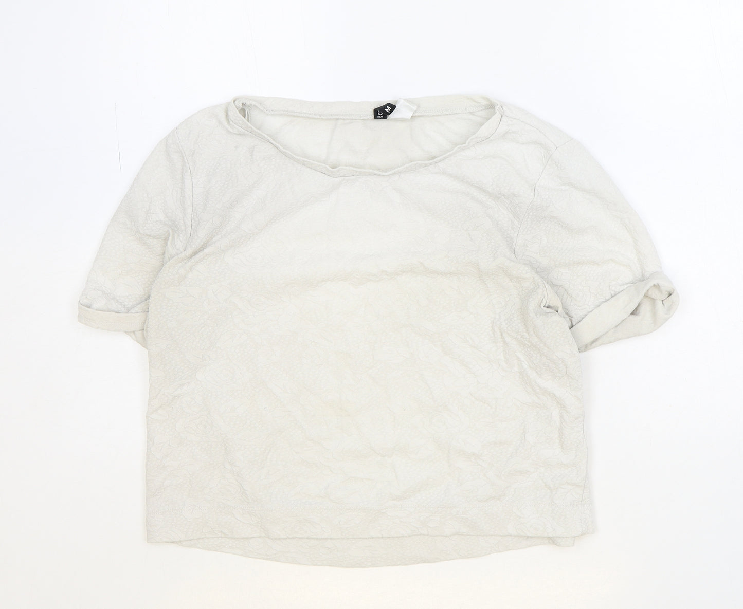 H&M Womens Ivory Floral Cotton Basic T-Shirt Size M Boat Neck