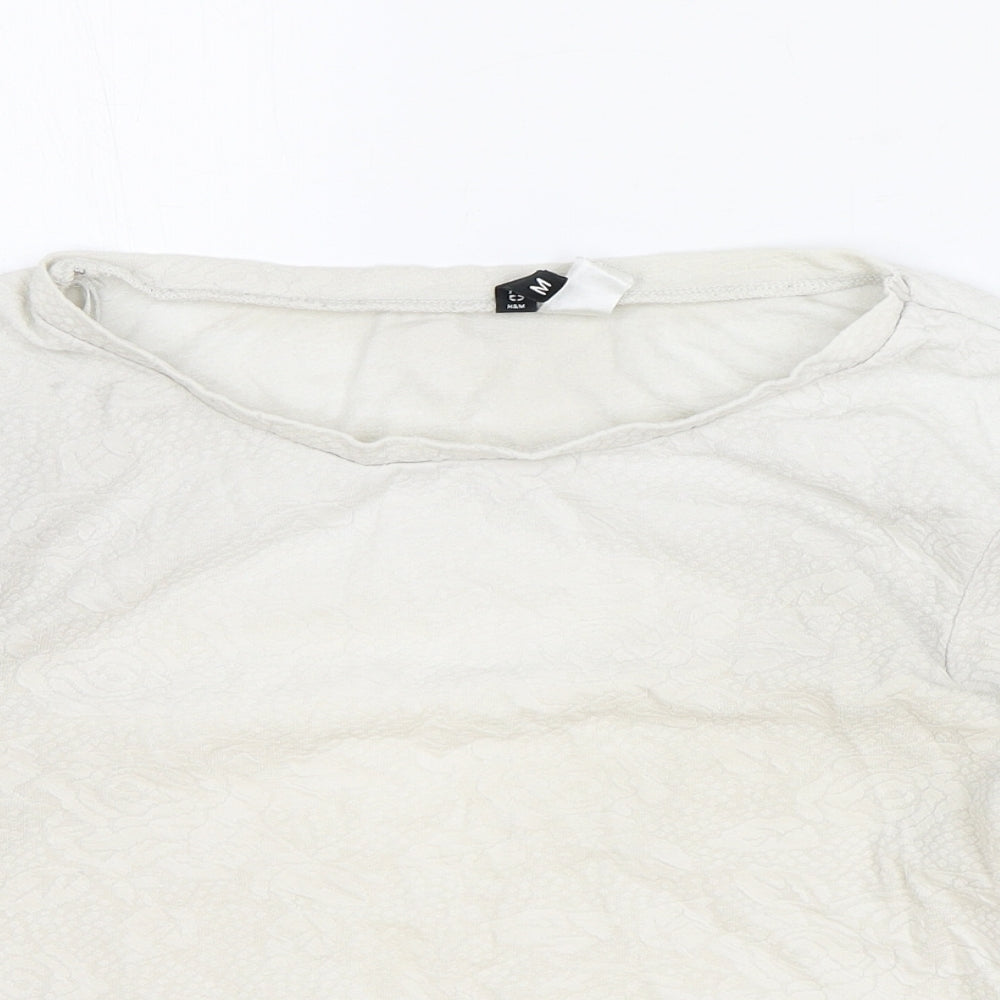 H&M Womens Ivory Floral Cotton Basic T-Shirt Size M Boat Neck