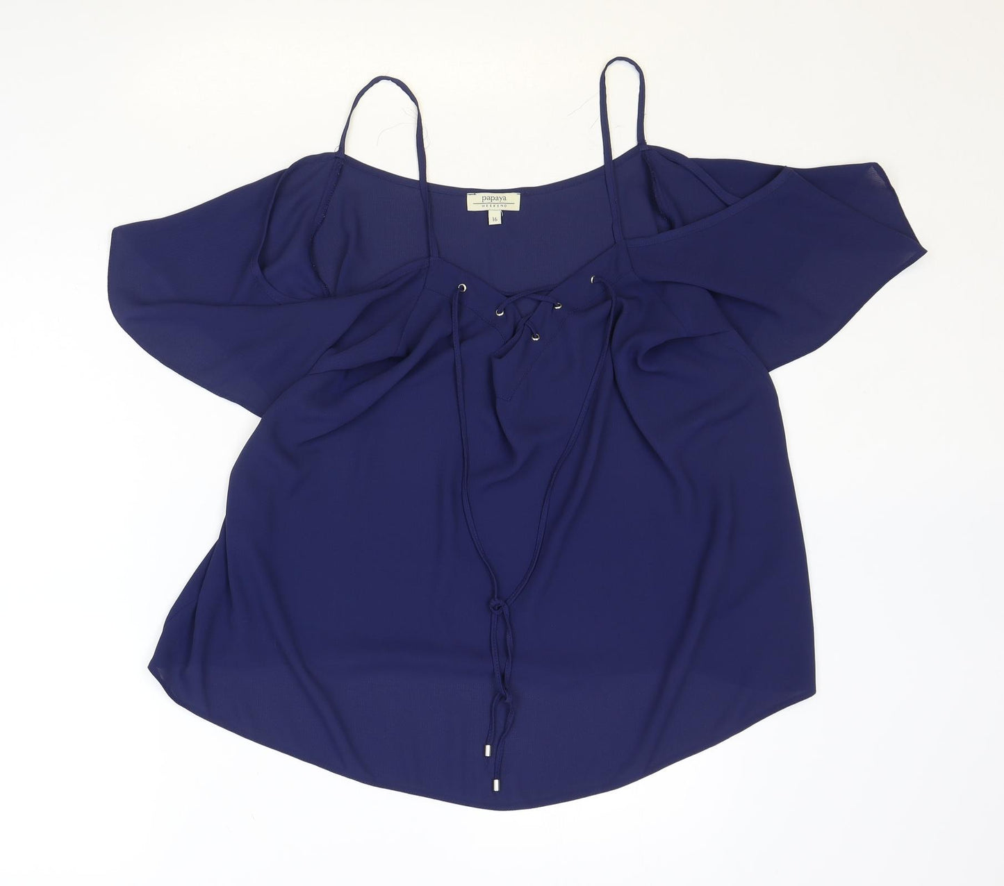 Papaya Womens Blue Polyester Basic Blouse Size 16 V-Neck - Cold Shoulder Lace Up Neck Detail