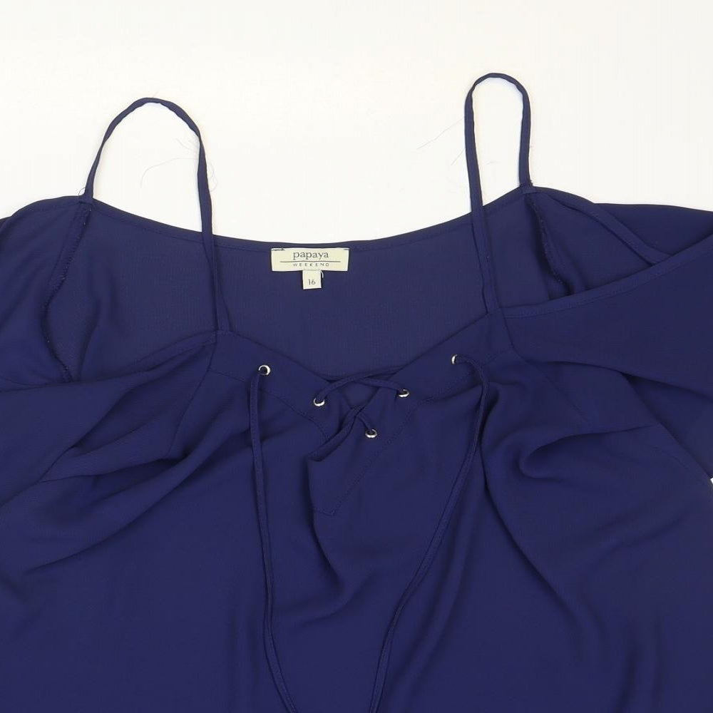 Papaya Womens Blue Polyester Basic Blouse Size 16 V-Neck - Cold Shoulder Lace Up Neck Detail