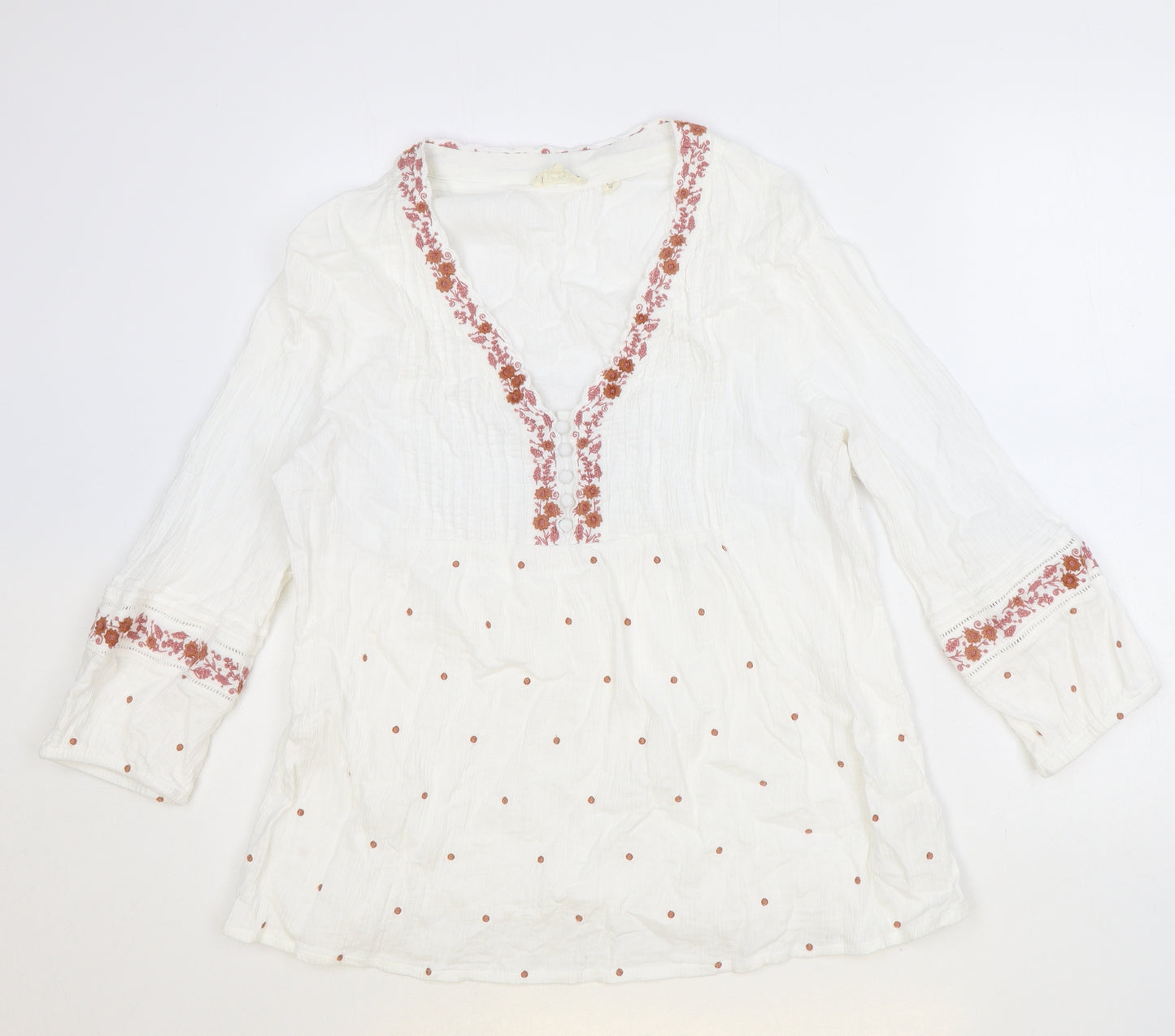 Fat Face Womens Ivory Floral 100% Cotton Basic Blouse Size 18 V-Neck