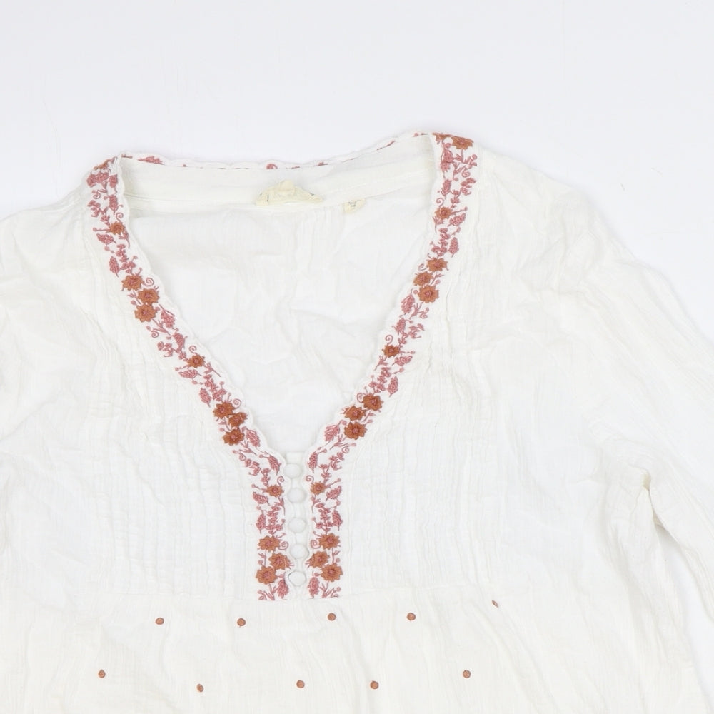Fat Face Womens Ivory Floral 100% Cotton Basic Blouse Size 18 V-Neck