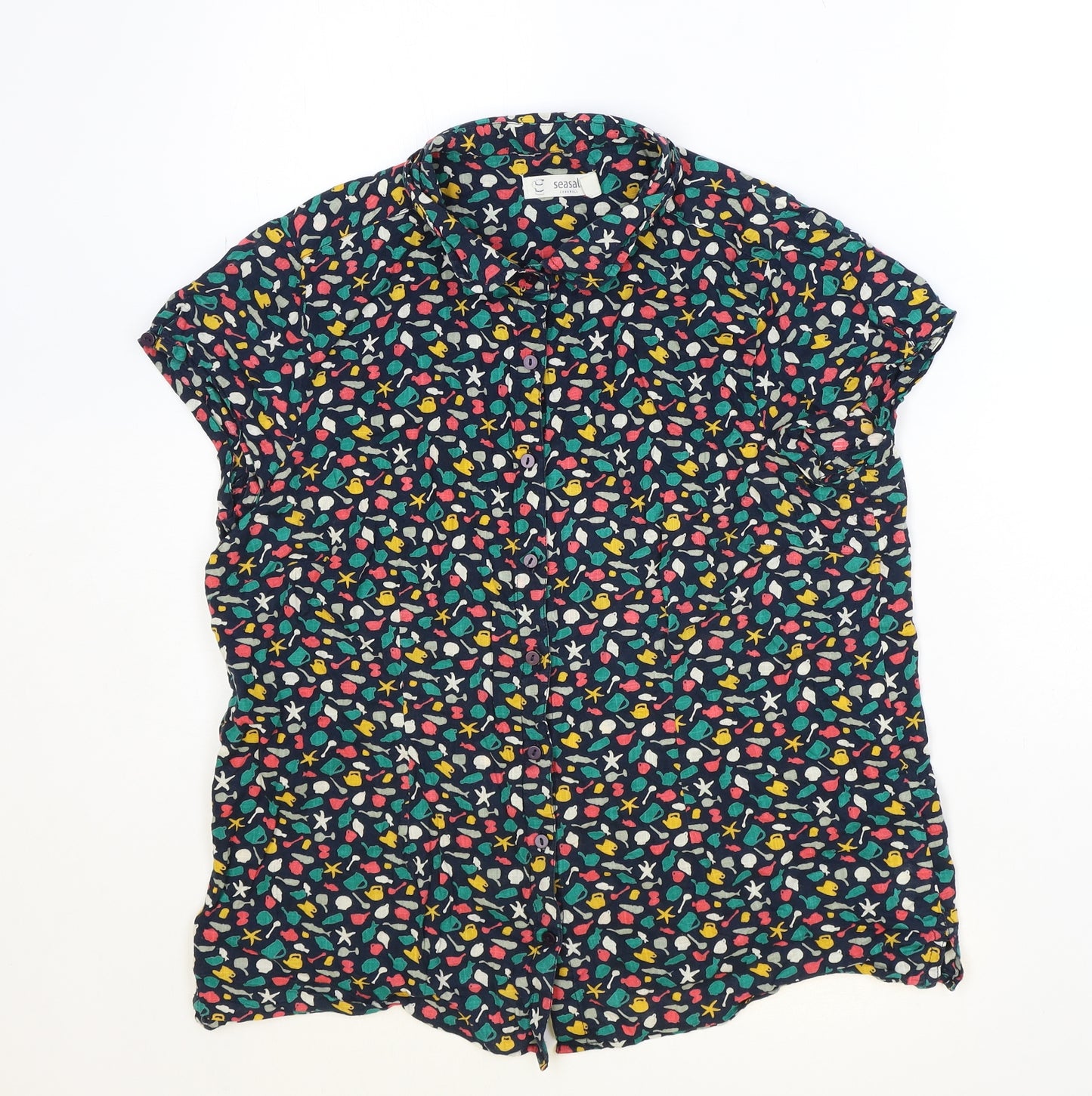 Seasalt Womens Multicoloured Geometric 100% Cotton Basic Button-Up Size 16 Collared - Seaside Pattern