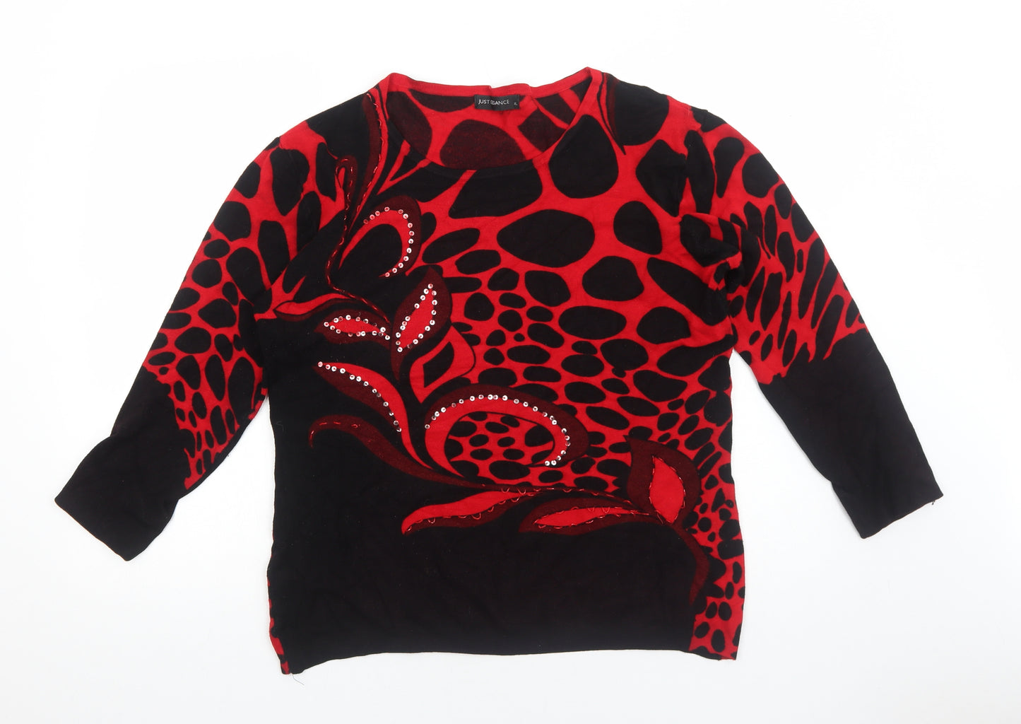 Just Elegance Womens Red Round Neck Geometric Viscose Pullover Jumper Size XL