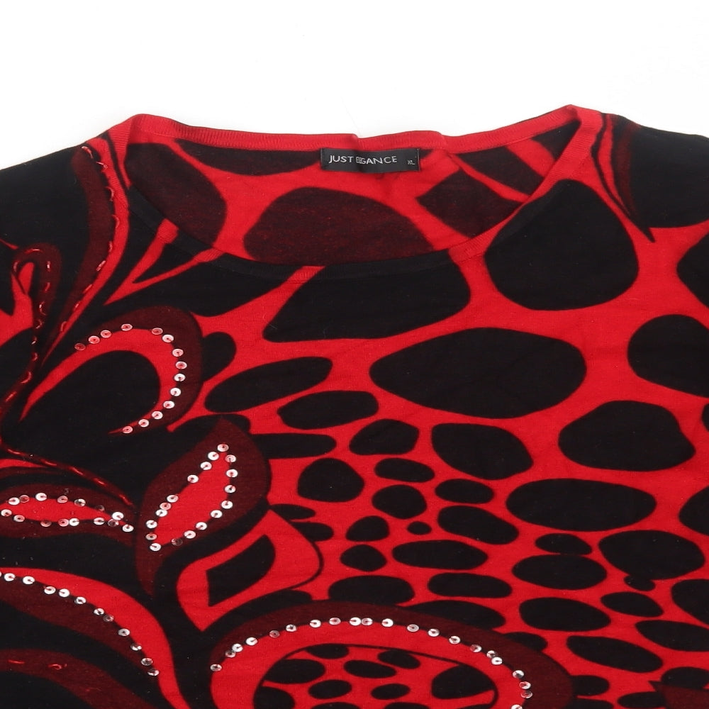 Just Elegance Womens Red Round Neck Geometric Viscose Pullover Jumper Size XL