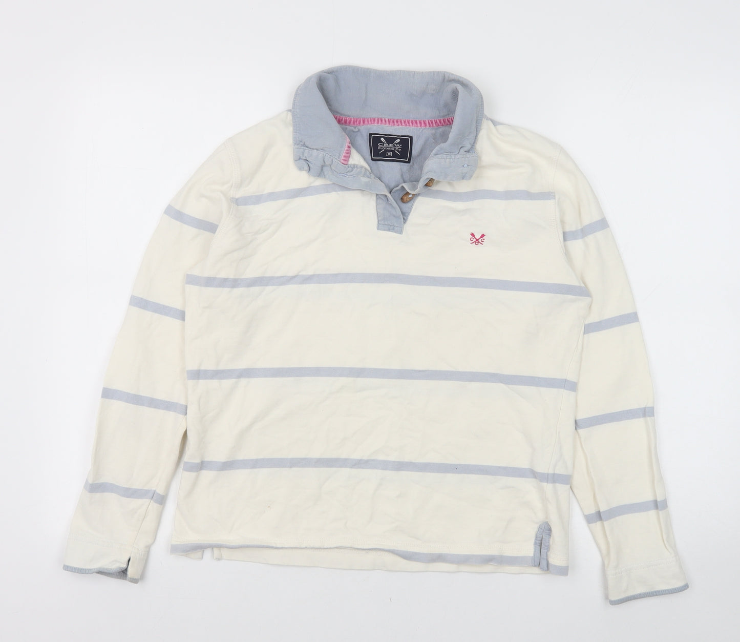 Crew Clothing Womens Ivory Striped 100% Cotton Pullover Sweatshirt Size 10 Button