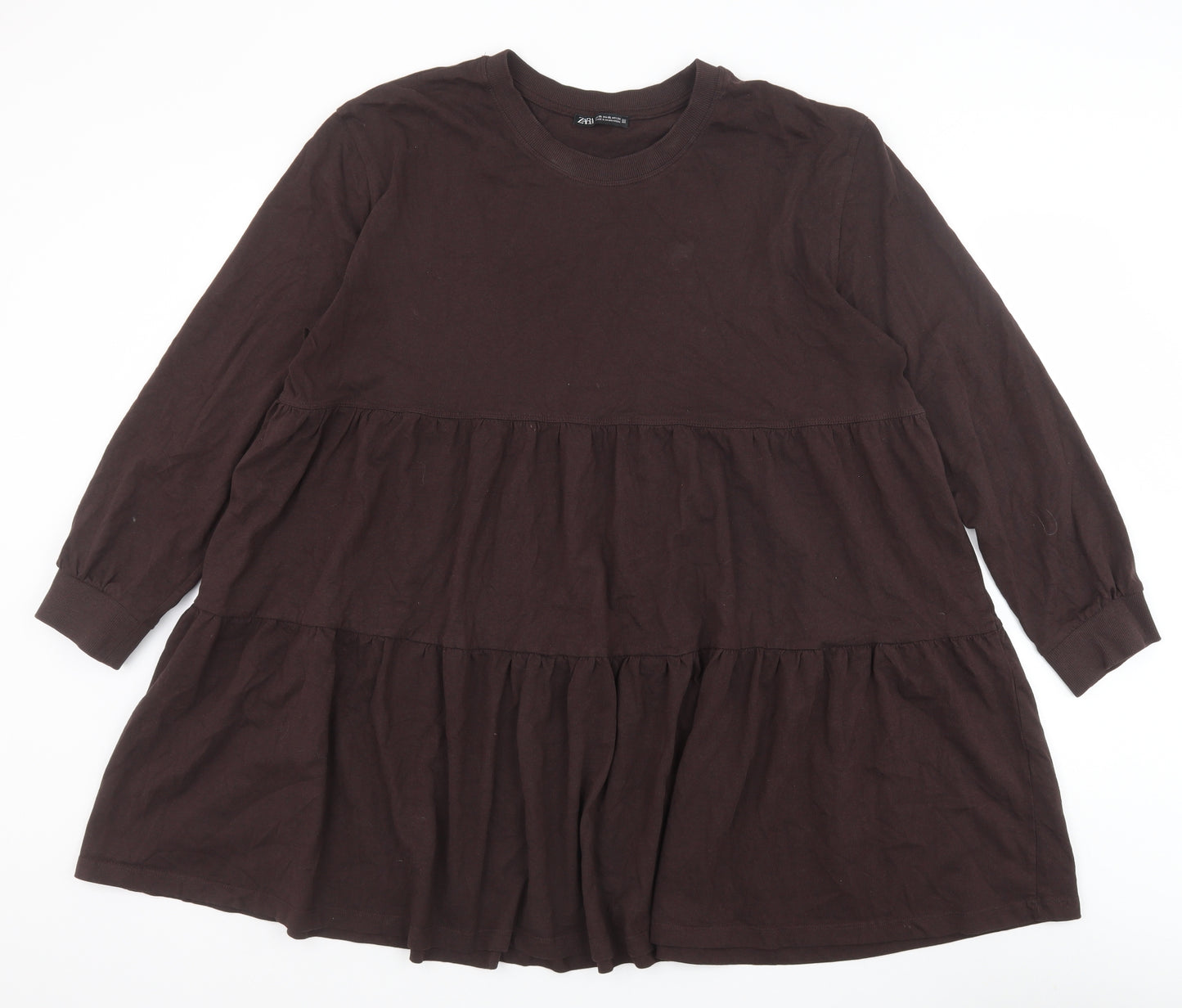 Zara Womens Brown Cotton Jumper Dress Size XL Round Neck Pullover