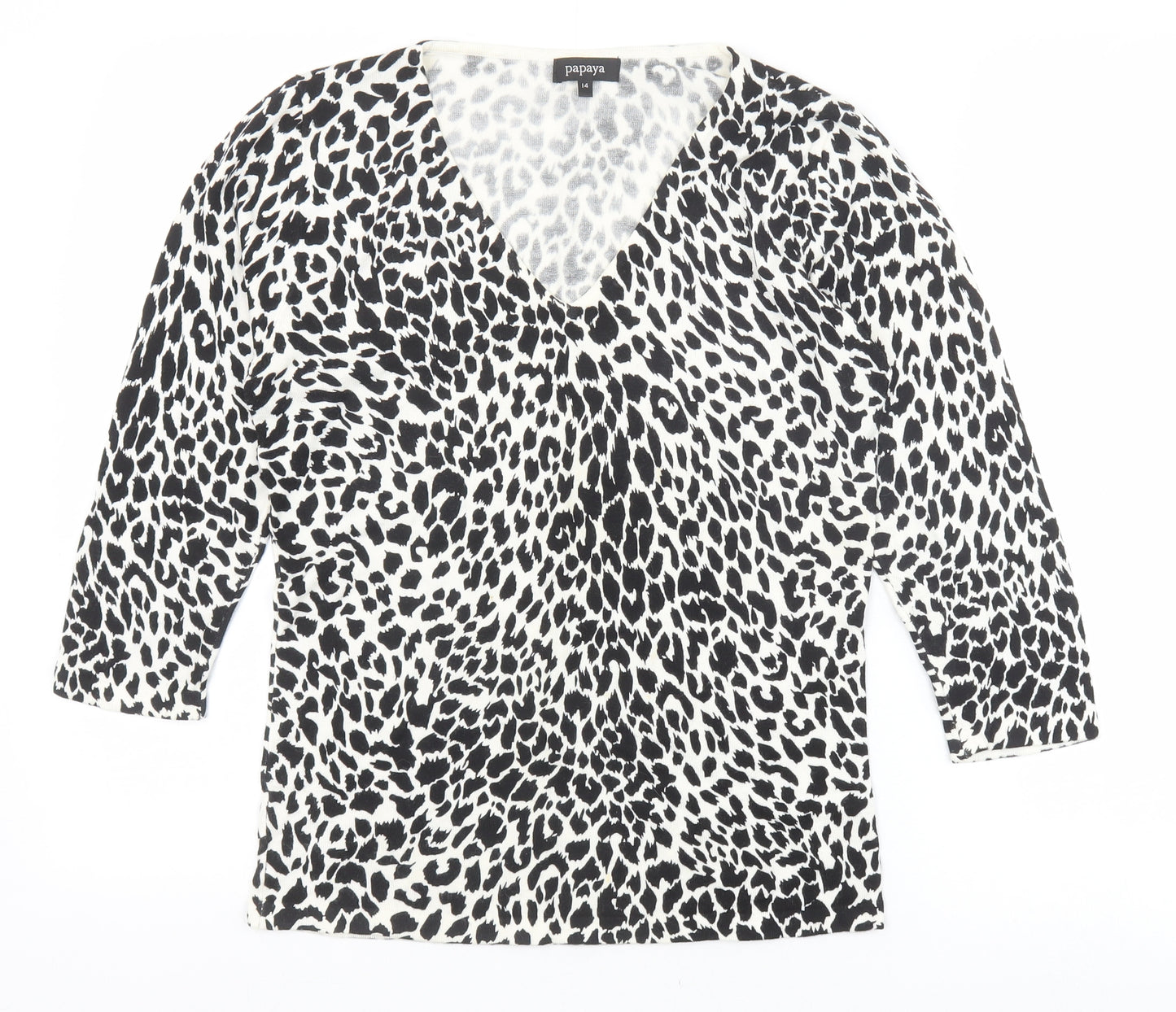 Papaya Womens Black Animal Print Viscose Basic Blouse Size 14 V-Neck - Leopard Print