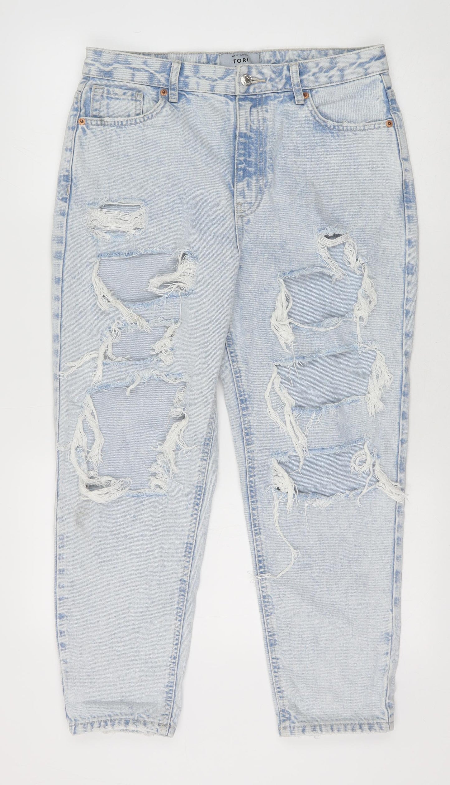 New Look Womens Blue Cotton Mom Jeans Size 12 Regular Zip - Open Knee