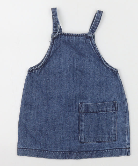 Front view of Next Blue 100% Cotton Pinafore/Dungaree Dress, size 12-18, Months Square Neck Button