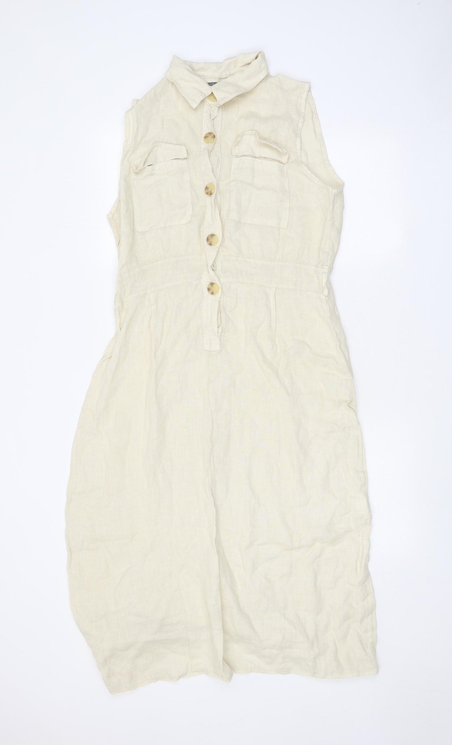 Made in Italy Womens Beige Linen Shirt Dress Size M Collared Button
