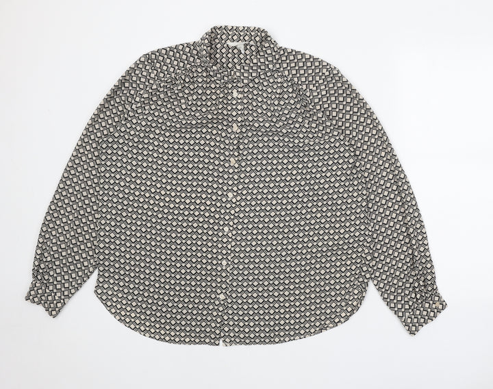 H&M Womens Black Geometric Polyester Basic Button-Up Size M Collared