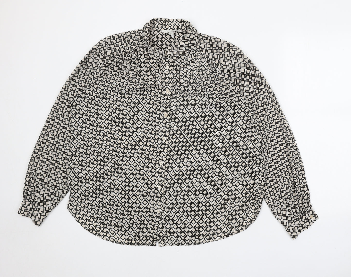 H&M Womens Black Geometric Polyester Basic Button-Up Size M Collared