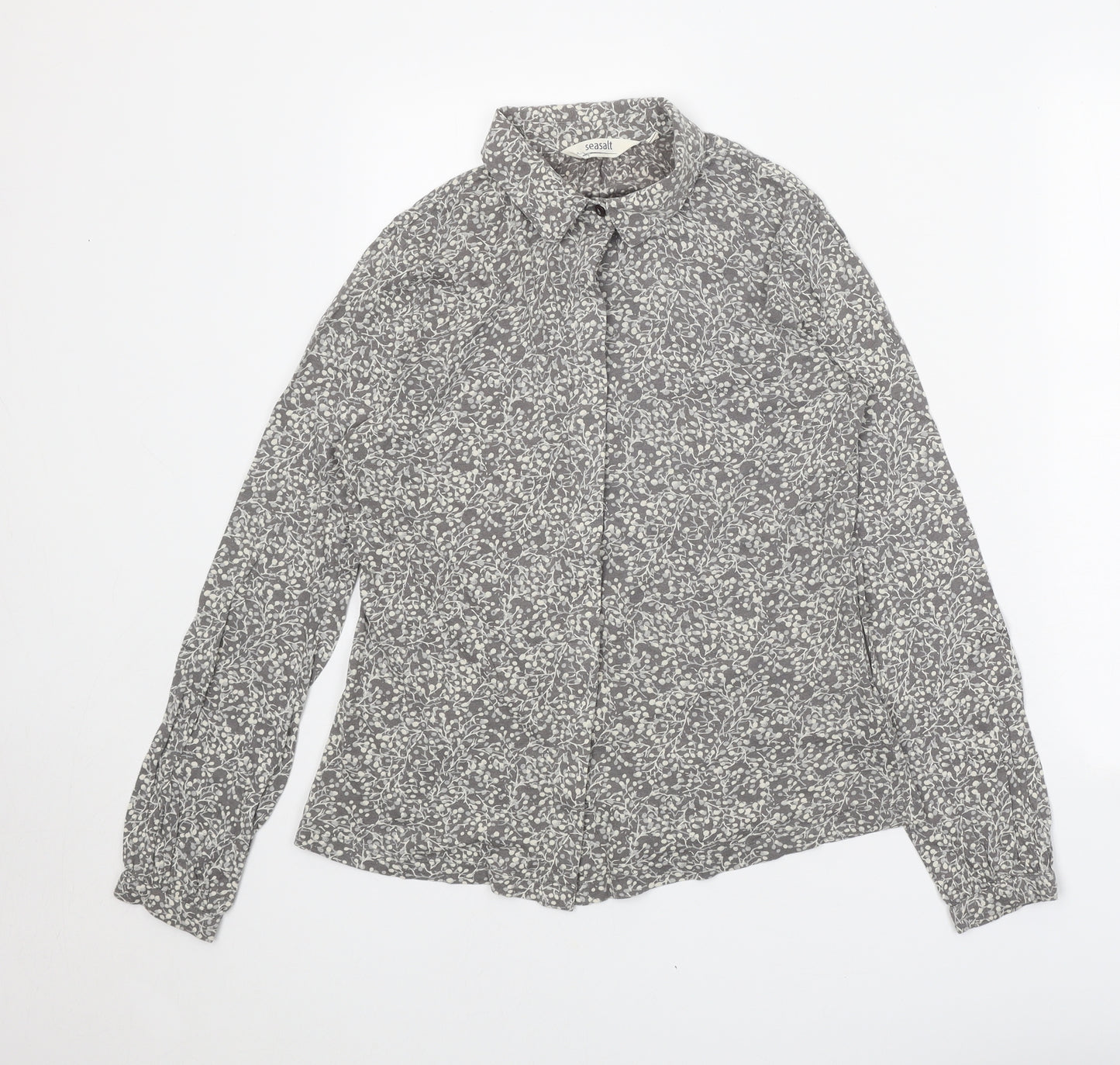 Seasalt Womens Grey Floral Cotton Basic Button-Up Size 8 Collared