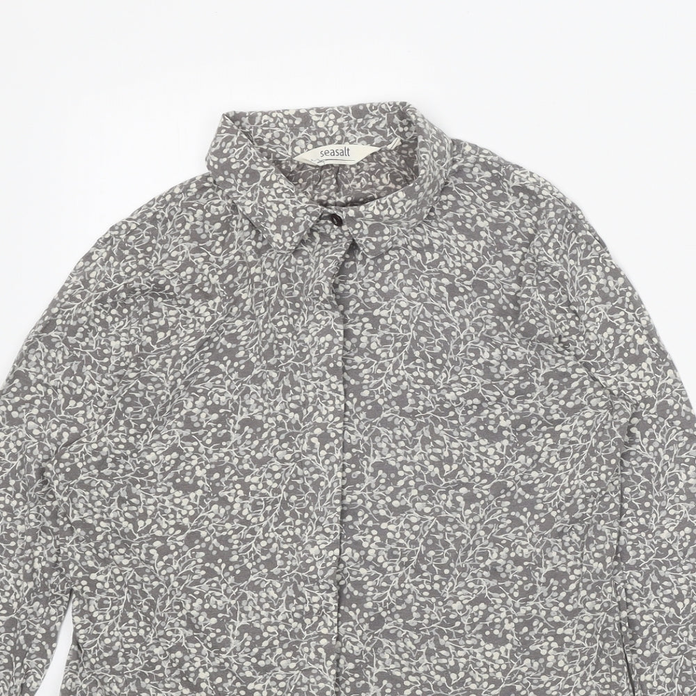 Seasalt Womens Grey Floral Cotton Basic Button-Up Size 8 Collared