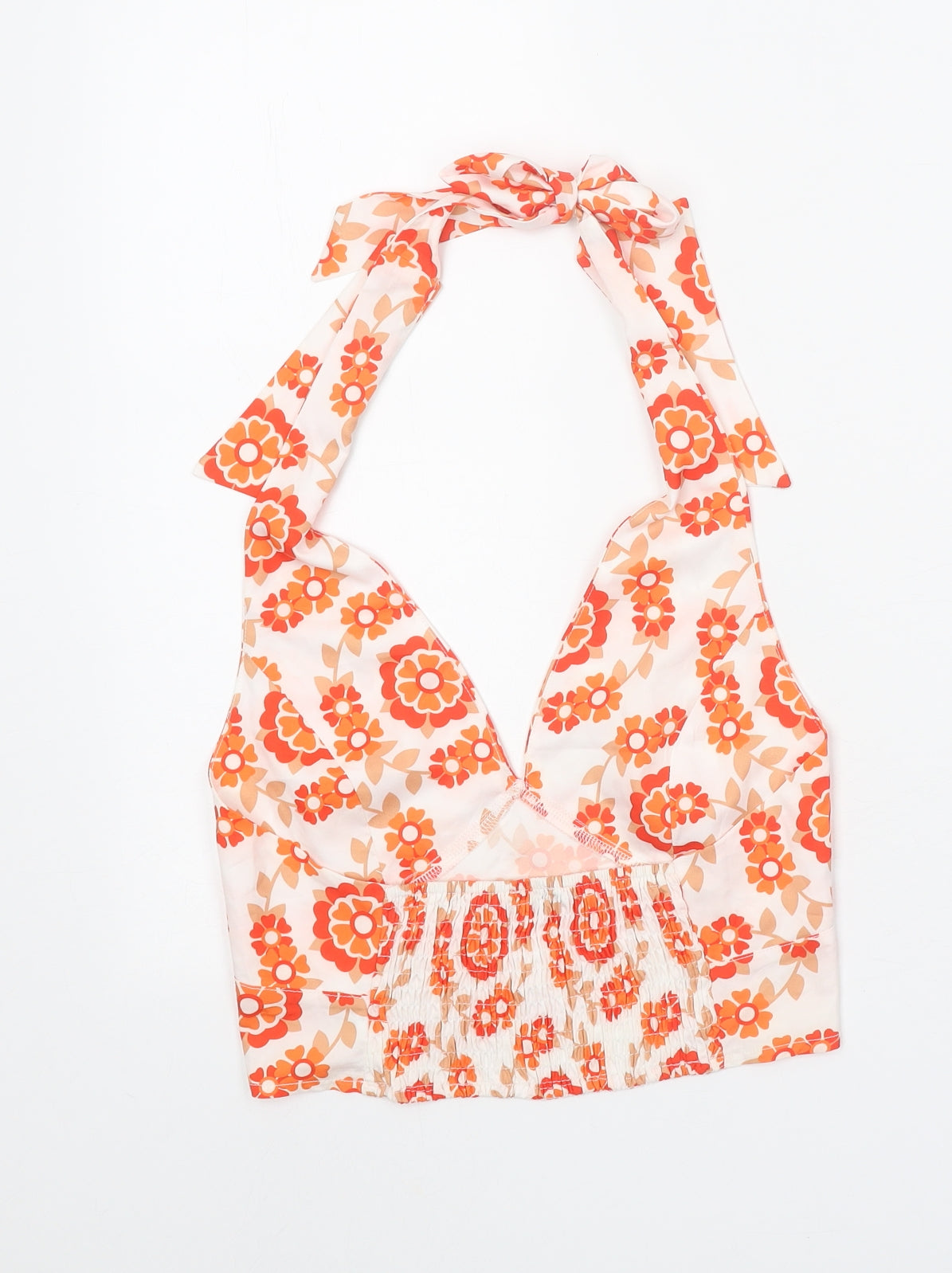 SheIn Womens White Geometric Polyester Cropped Tank Size S Halter - Shirred Back