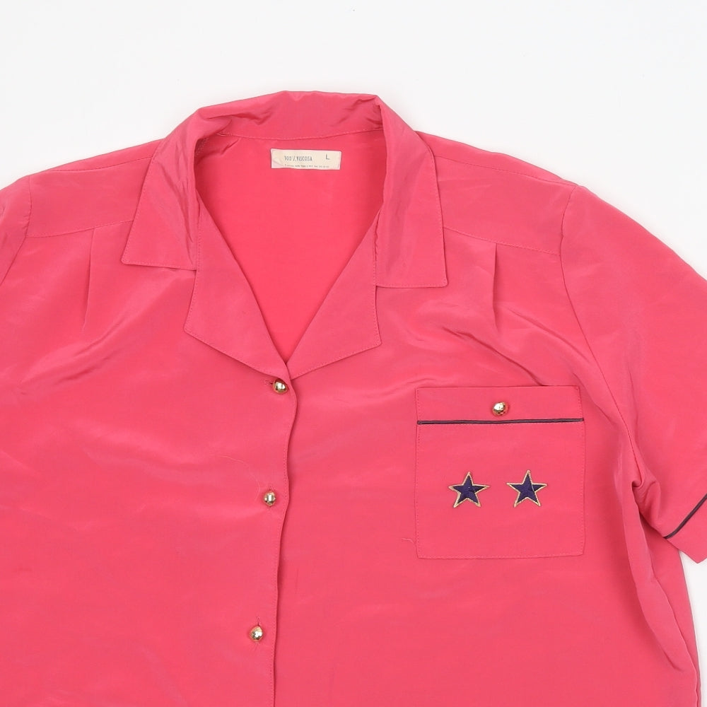 Preworn Womens Pink Viscose Basic Button-Up Size L Collared - Stars