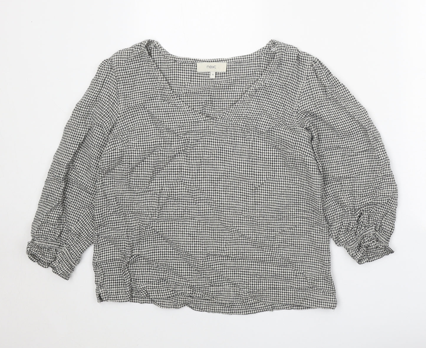 NEXT Womens White Check Linen Basic Blouse Size 12 V-Neck