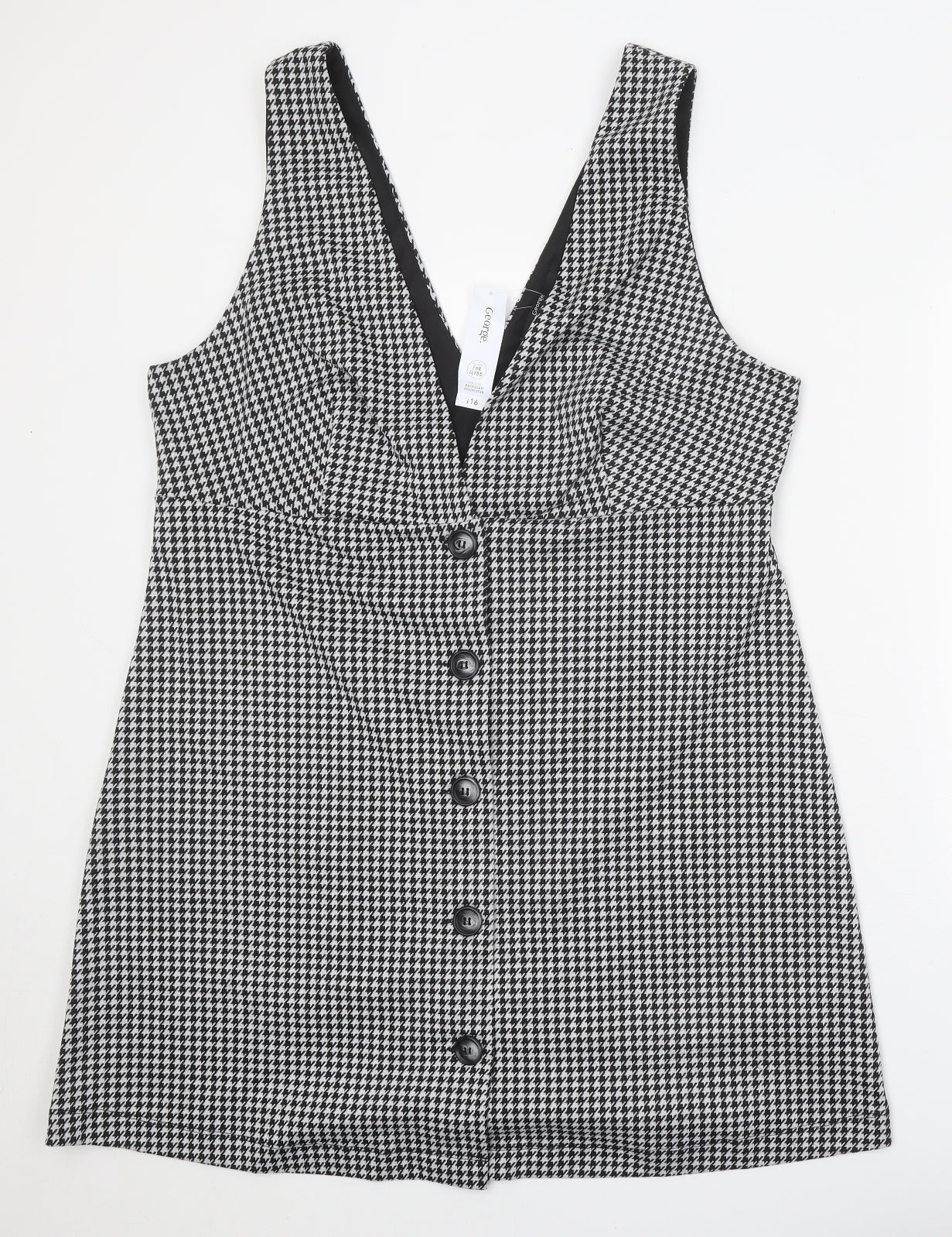 George Womens Black Houndstooth Polyester Pinafore/Dungaree Dress Size 18 V-Neck Button
