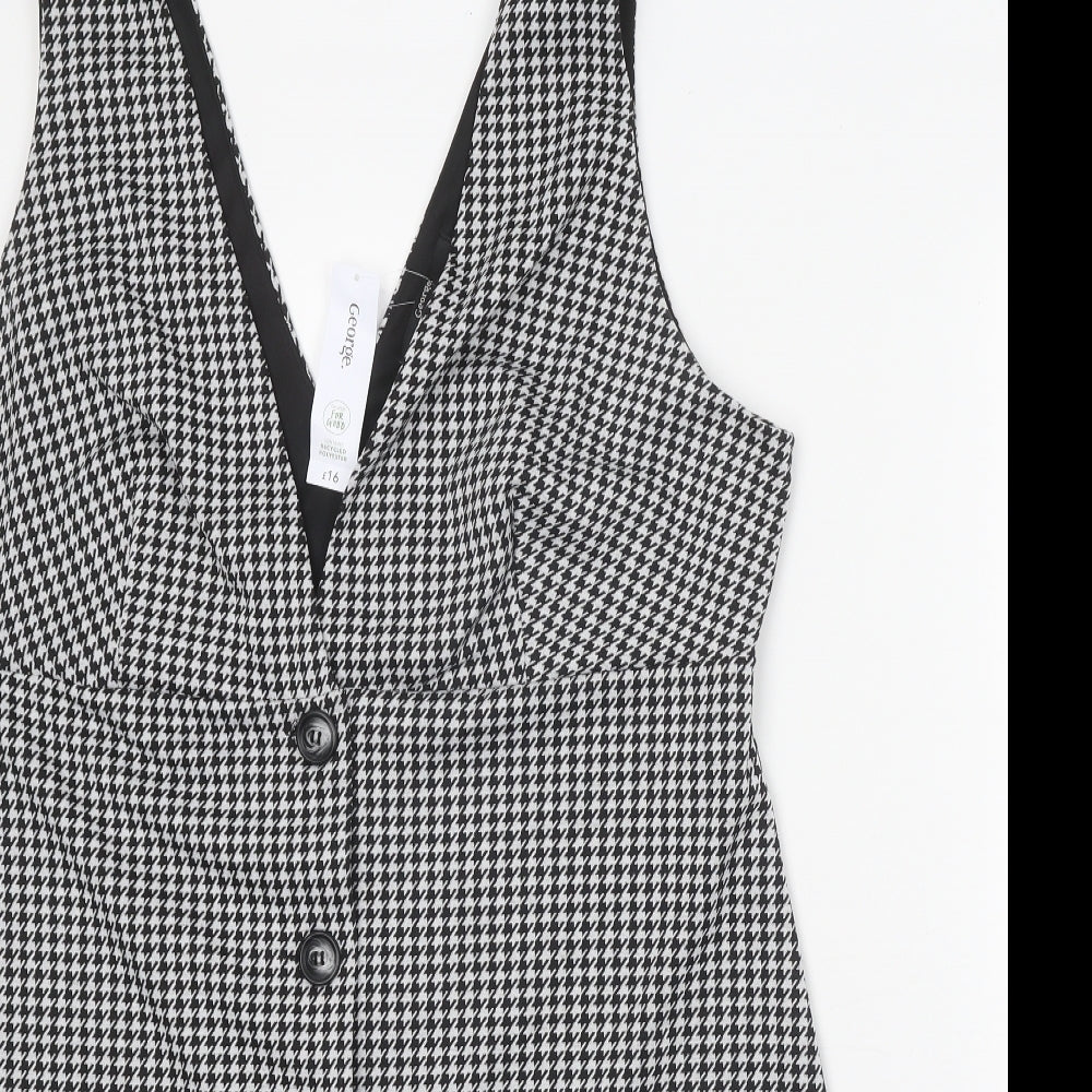George Womens Black Houndstooth Polyester Pinafore/Dungaree Dress Size 18 V-Neck Button