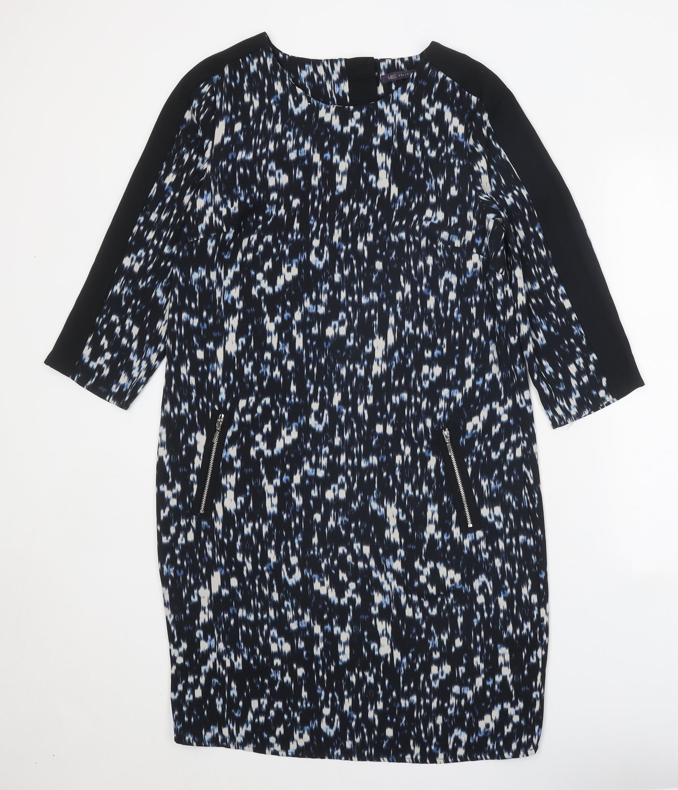 Marks and Spencer Womens Black Geometric Polyester A-Line Size 10 Round Neck Zip