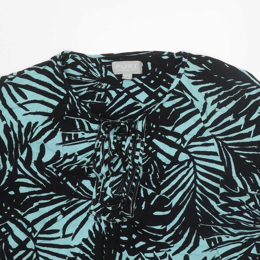 PURE Collection Womens Black Geometric Viscose Basic Blouse Size 16 Scoop Neck