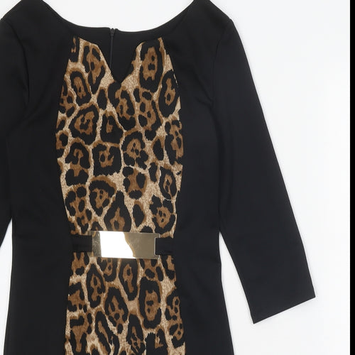 Preworn Womens Black Animal Print Polyester A-Line One Size V-Neck Zip - Leopard Pattern