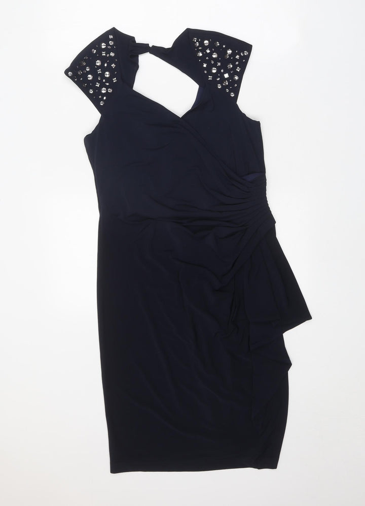 M&Co Womens Blue Polyester A-Line Size 12 V-Neck Zip