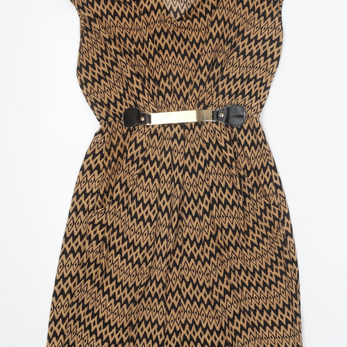 Mela London Womens Brown Geometric Polyester A-Line Size 10 V-Neck Pullover